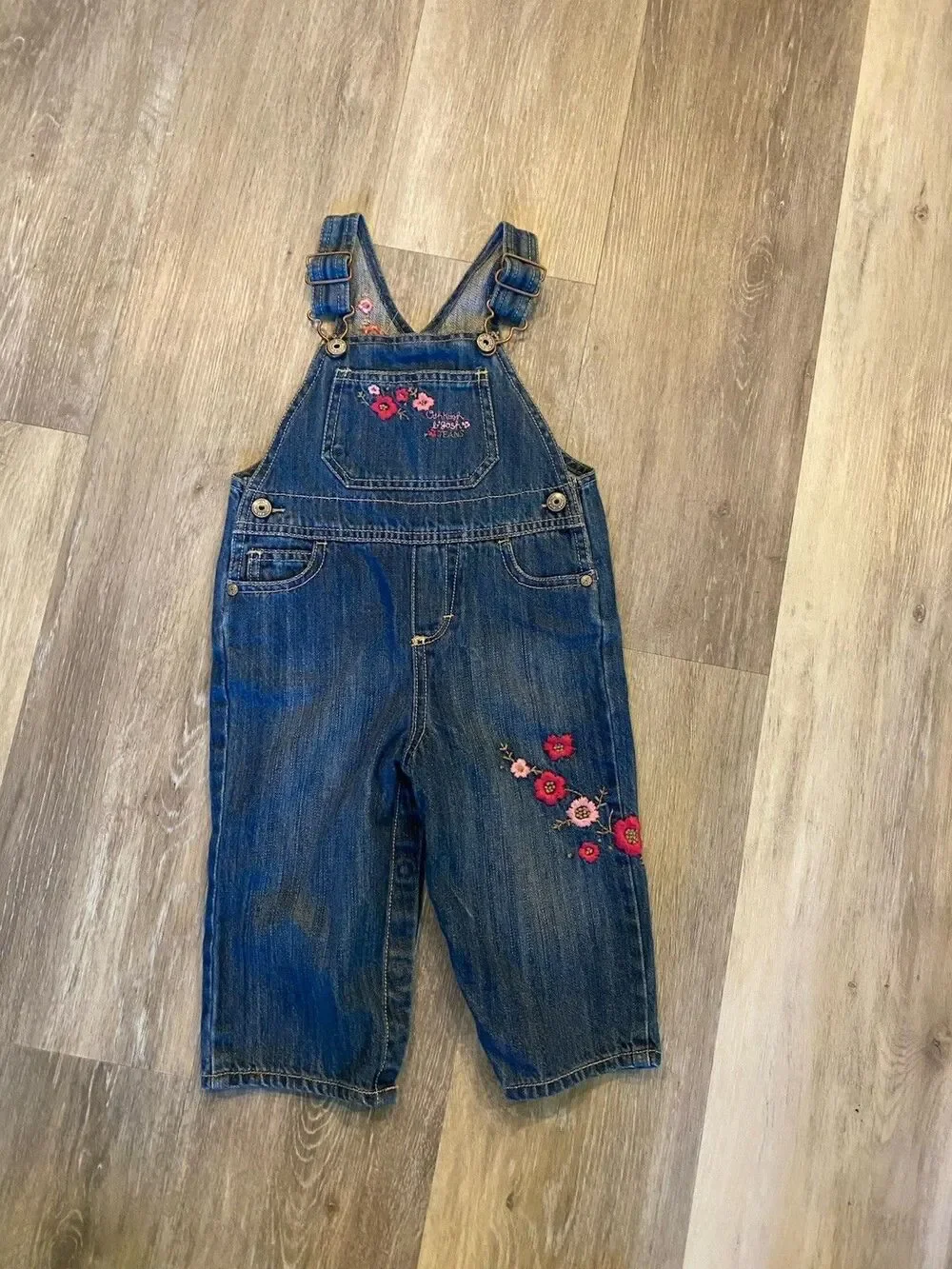 OshKosh B’gosh Toddler Girls Denim Overalls Blue Jean Floral Embroidered 18 Mo